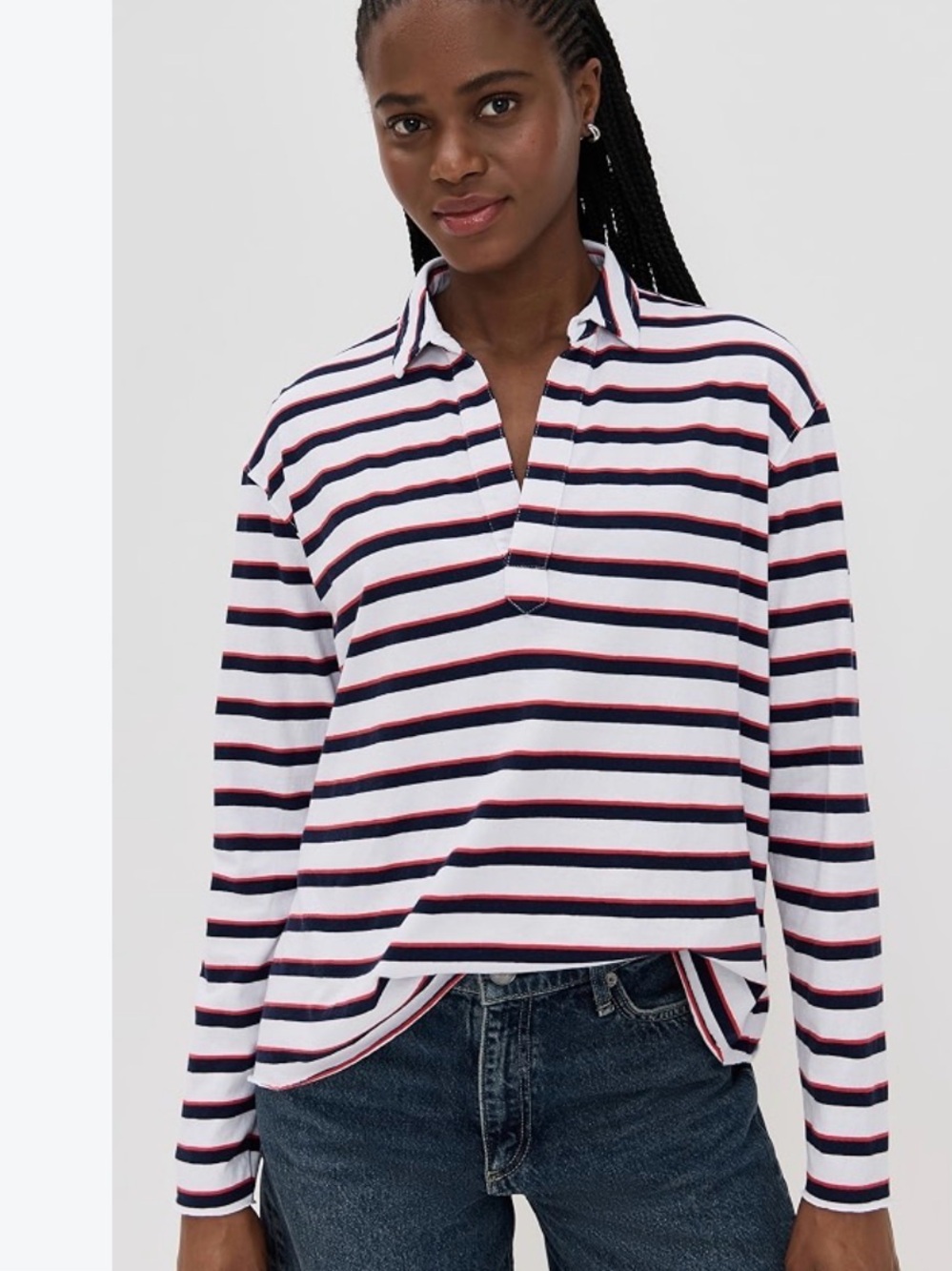Frank & Eileen Patrick popover white & navy striped long sleeve polo shirt S
